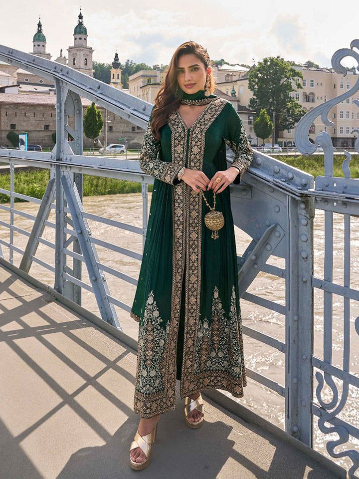 Embroidered Chinon Kurta With Plazzo &amp; Dupatta