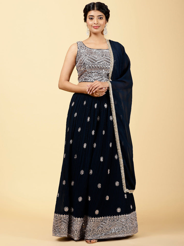 Sequin Embroidered Georgette Choli With Lehenga &amp; Dupatta