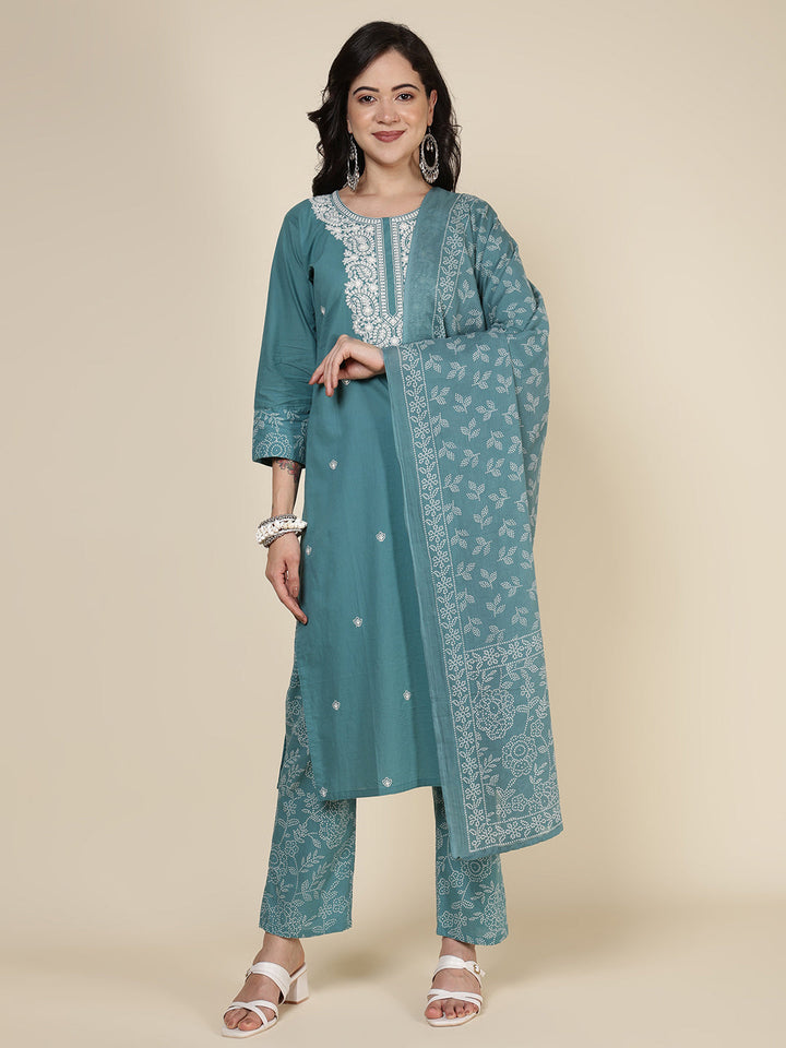 Embroidered Cotton Blend Kurta With Pants &amp; Dupatta