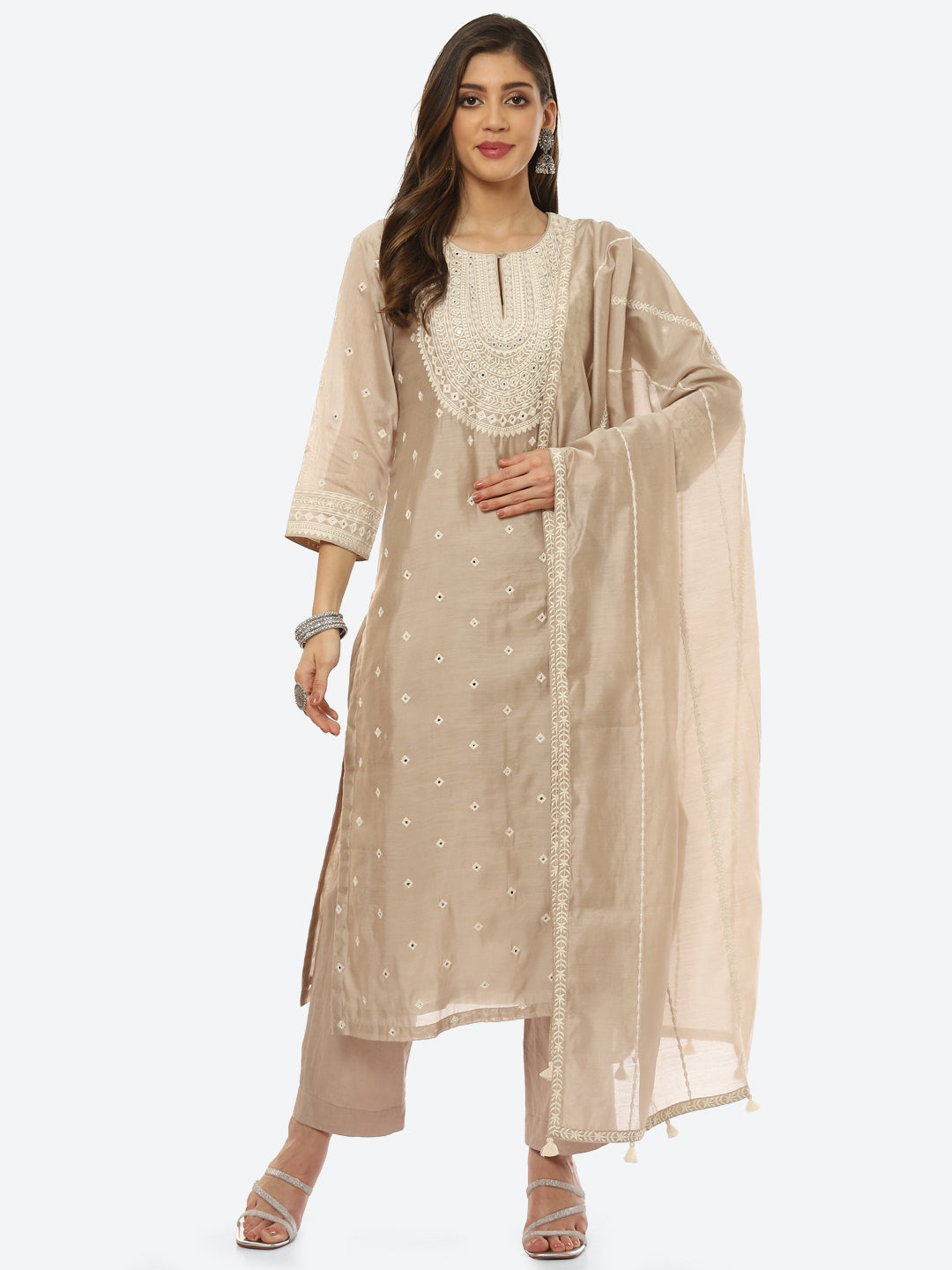 Resham Neck Booti Cotton Kurta With Pant &amp; Dupatta