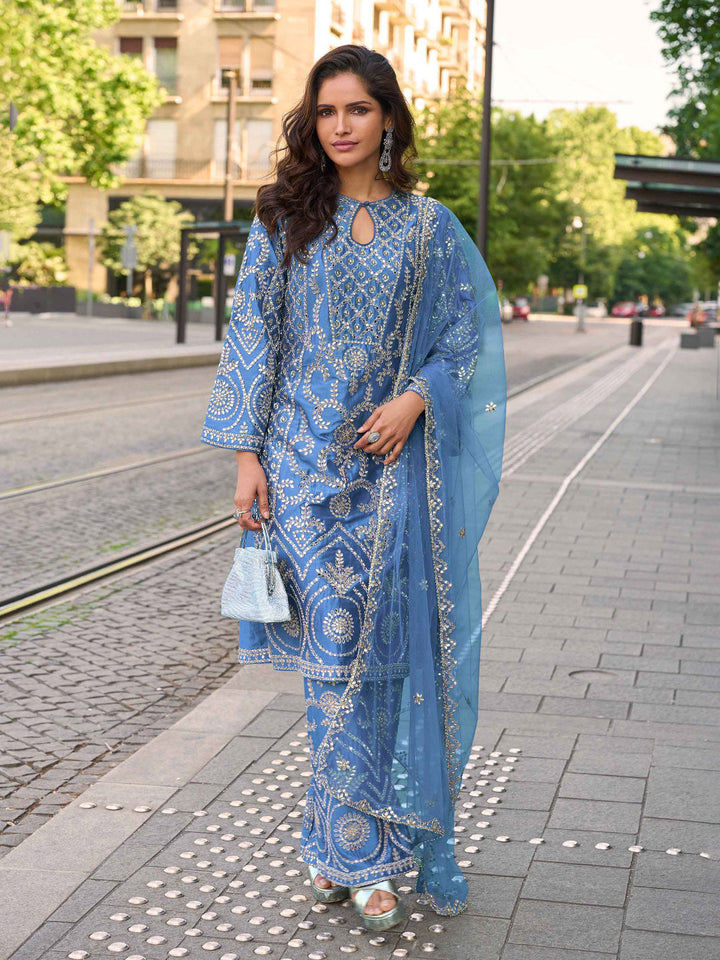 Embroidered Art Silk Kurta With Plazzo &amp; Dupatta