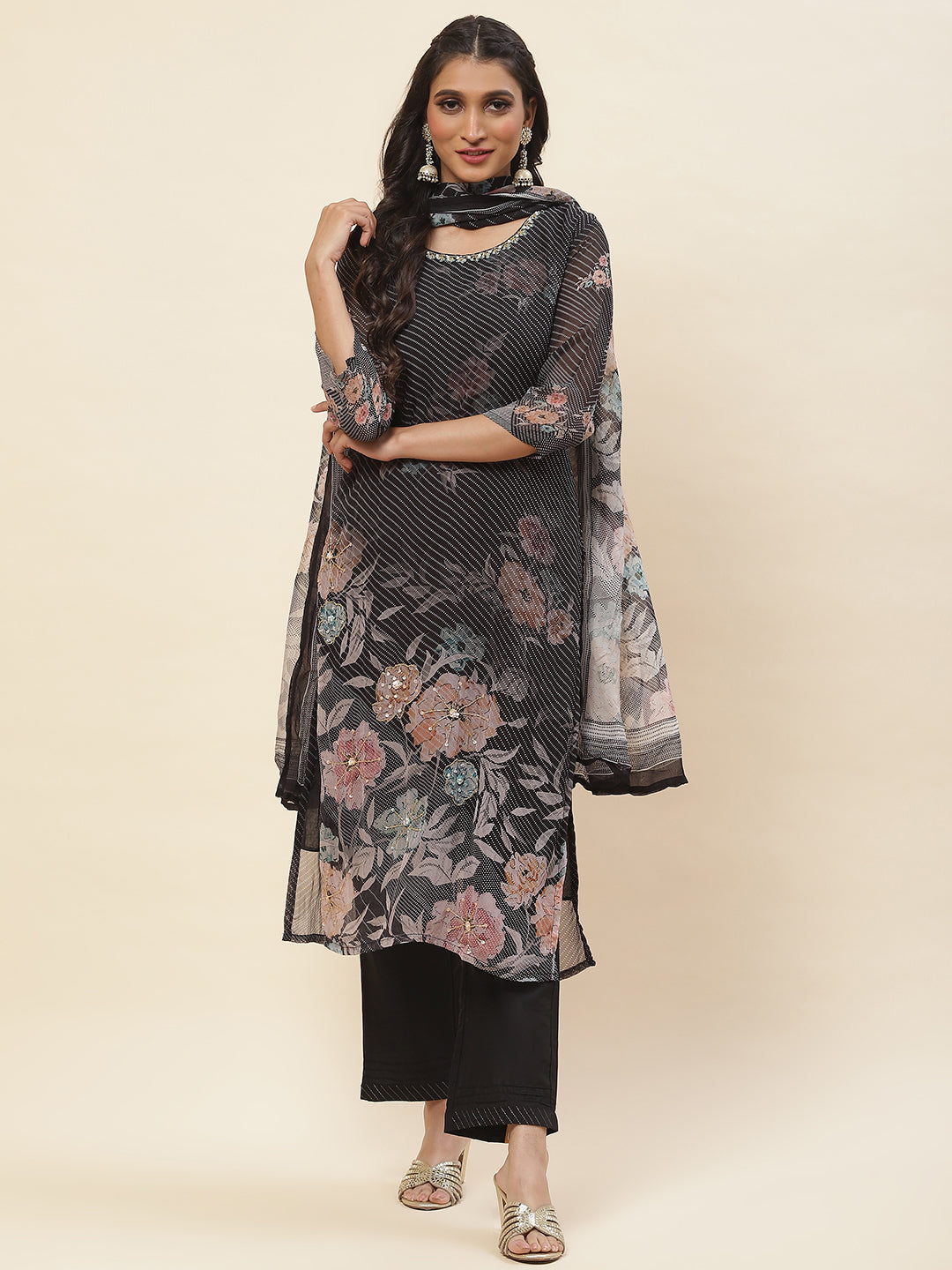 Floral Printed Georgette Kurta With Pants &amp; Dupatta