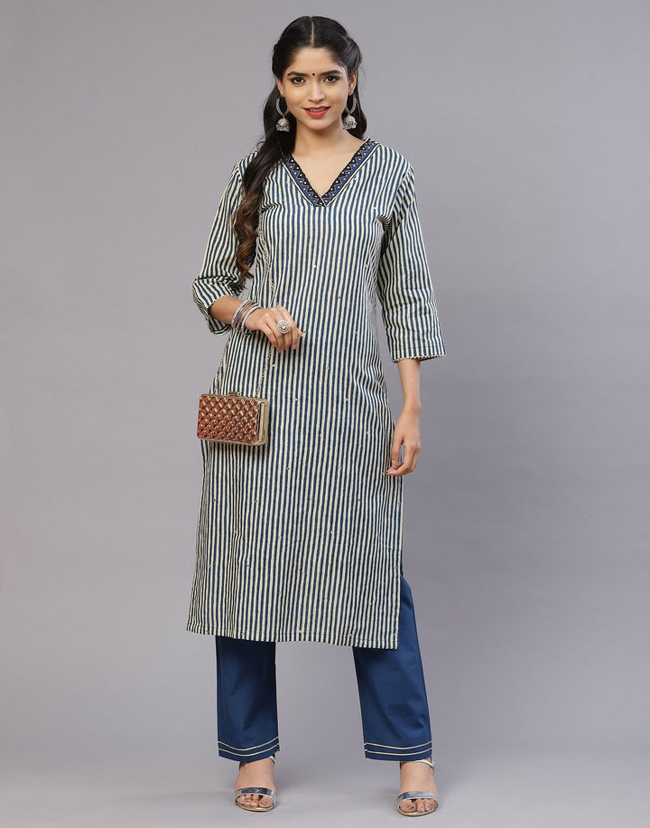 Cotton Striped Kurti Pant Set