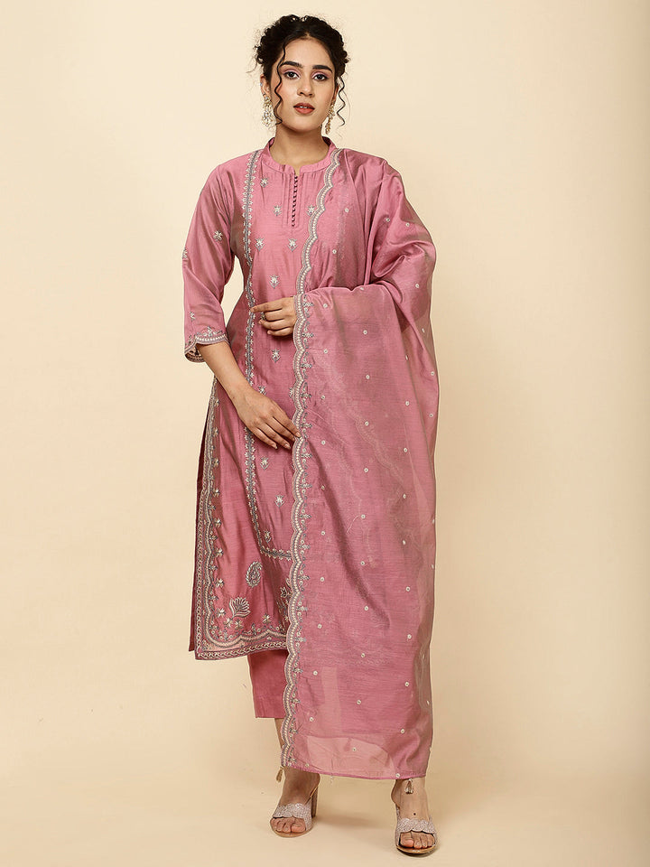 Embroidered Chanderi Kurta With Pants &amp; Dupatta