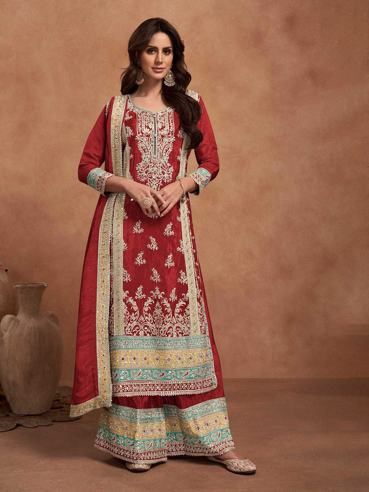 Embroidered Simar Silk Kurta With Plazzo &amp; Dupatta