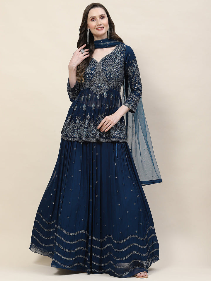 Sequin Zari Embroidered Georgette Choli With Lehenga &amp; Dupatta