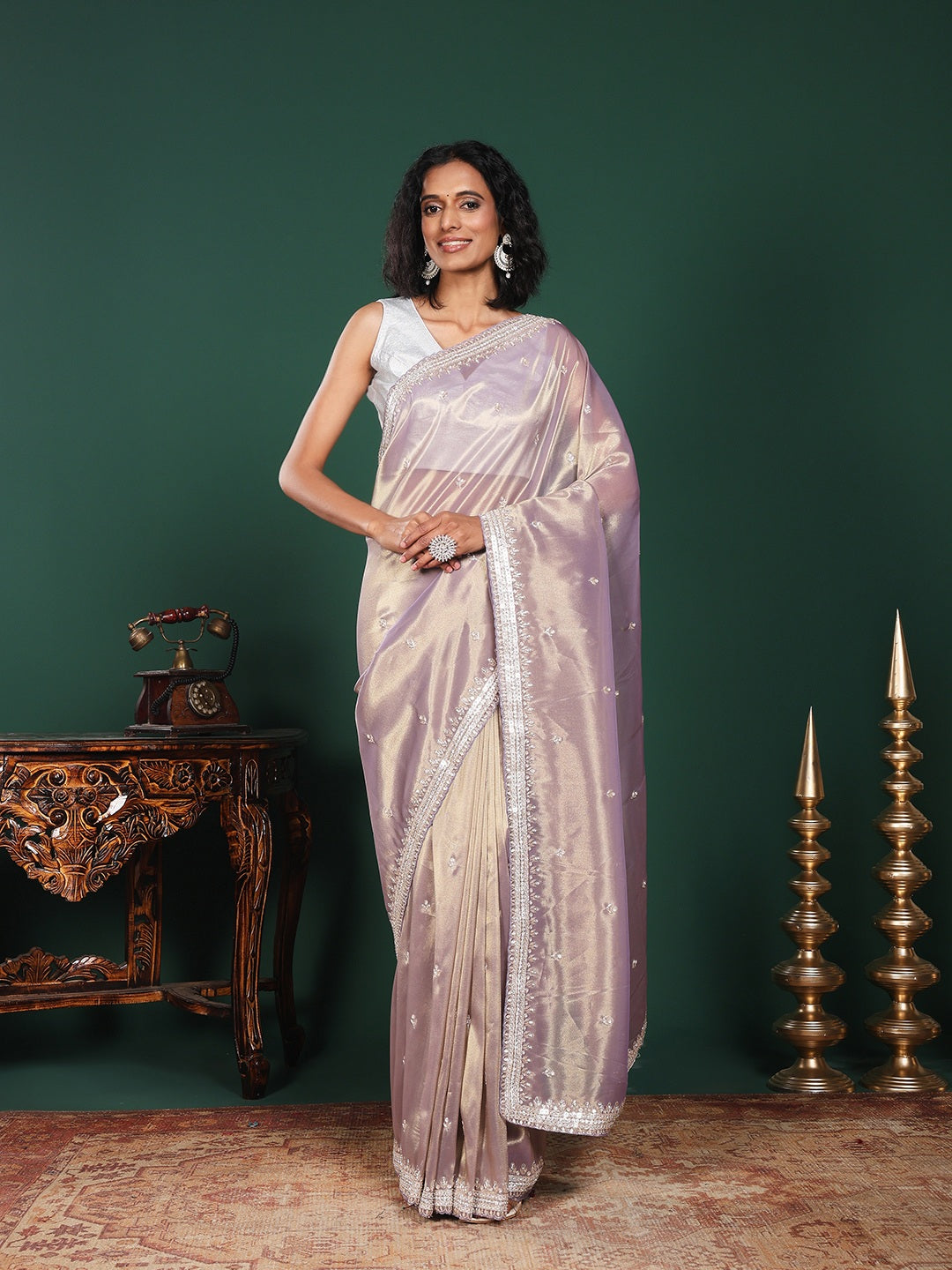 Stone &amp; Sequin Embroidered Tissue Saree