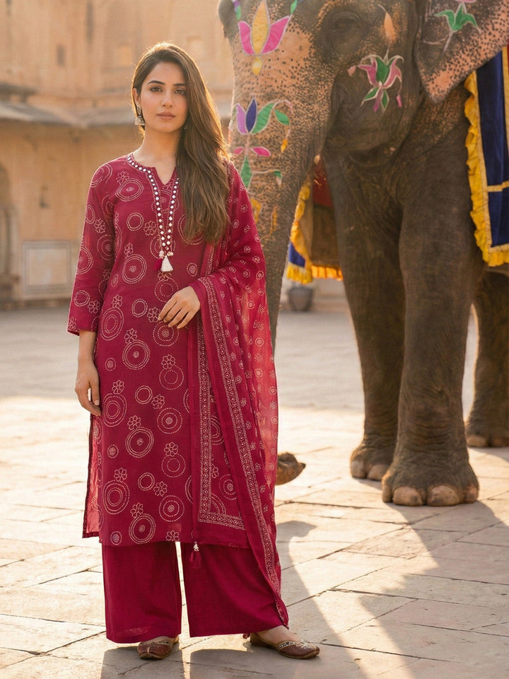Pink Cotton Blend Printed Straight Suit Set