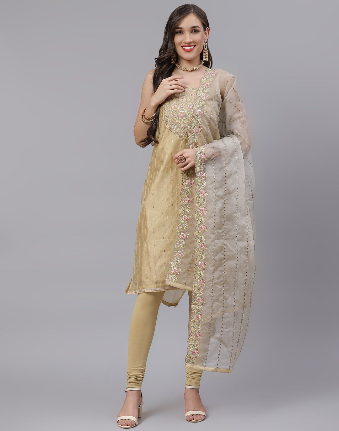 Chanderi Embroidered Suit Piece with fancy dupatta