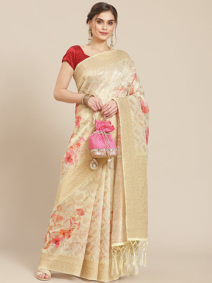 Digital Floral Printed Banarasi Pallu Cotton Chanderi Saree