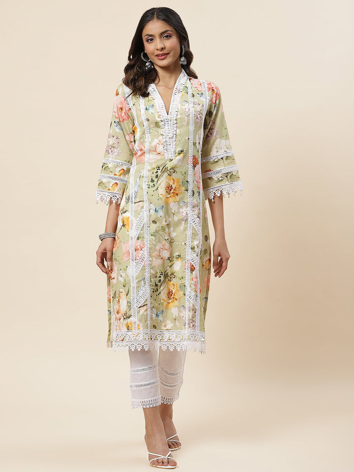 Floral Printed Cotton Kurta With Pants