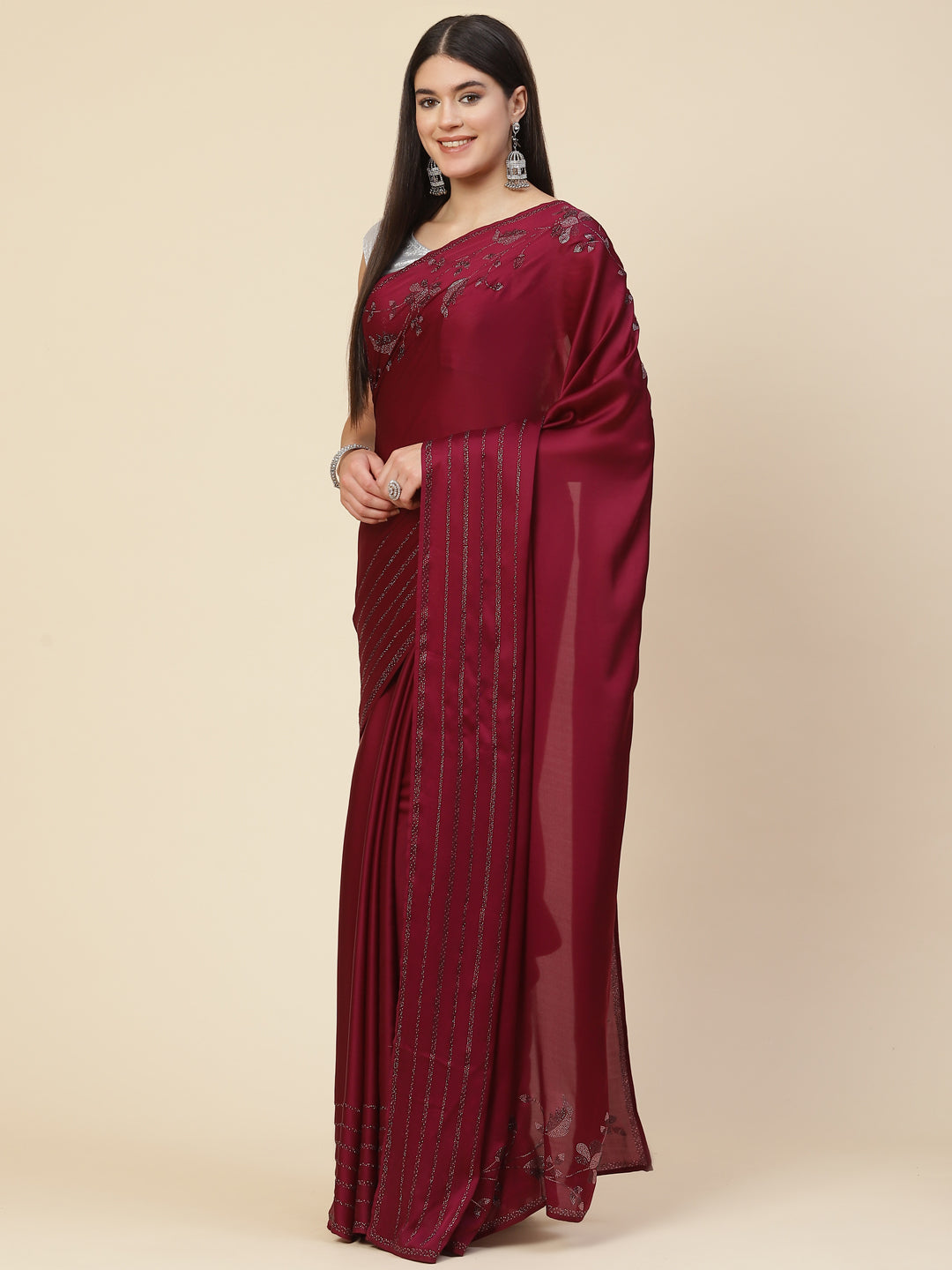 Stone Work Embroidered Satin Saree