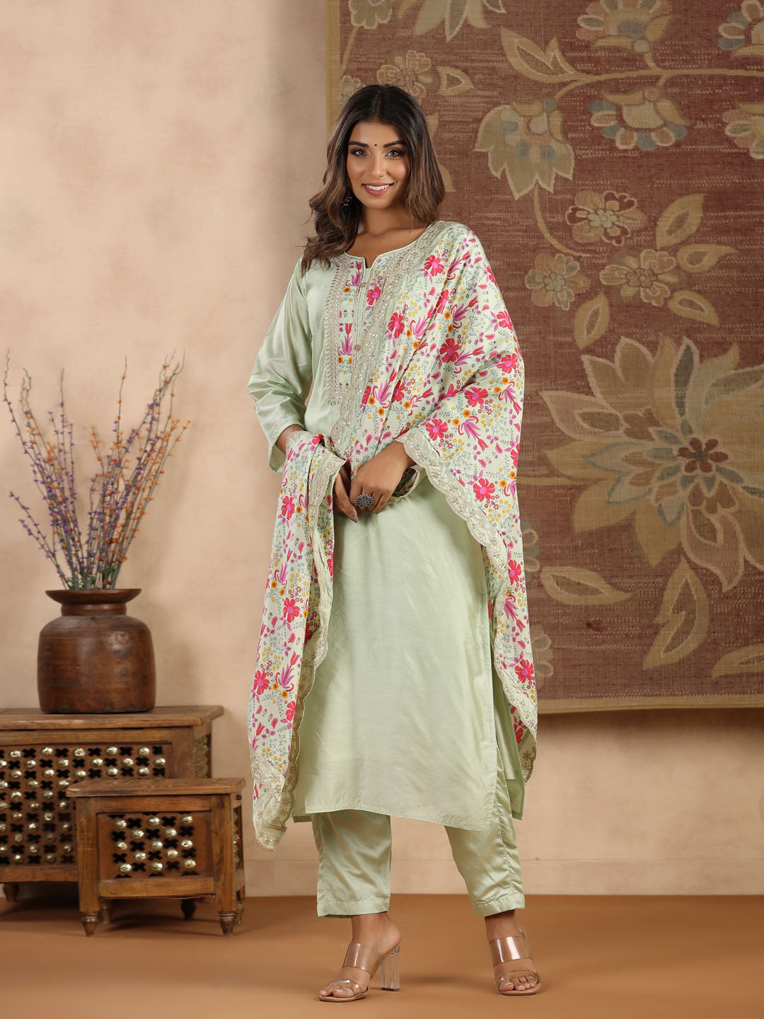 Neck Embroidered Chanderi Kurta With Pants &amp; Dupatta