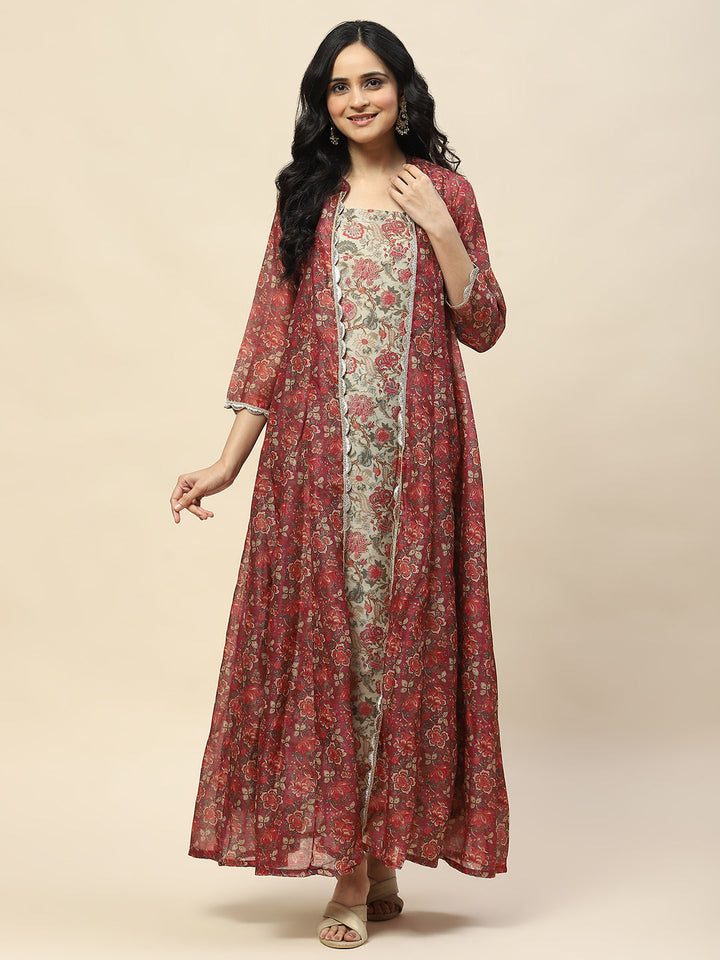 Floral Printed Cotton Gown Dress With Jacket