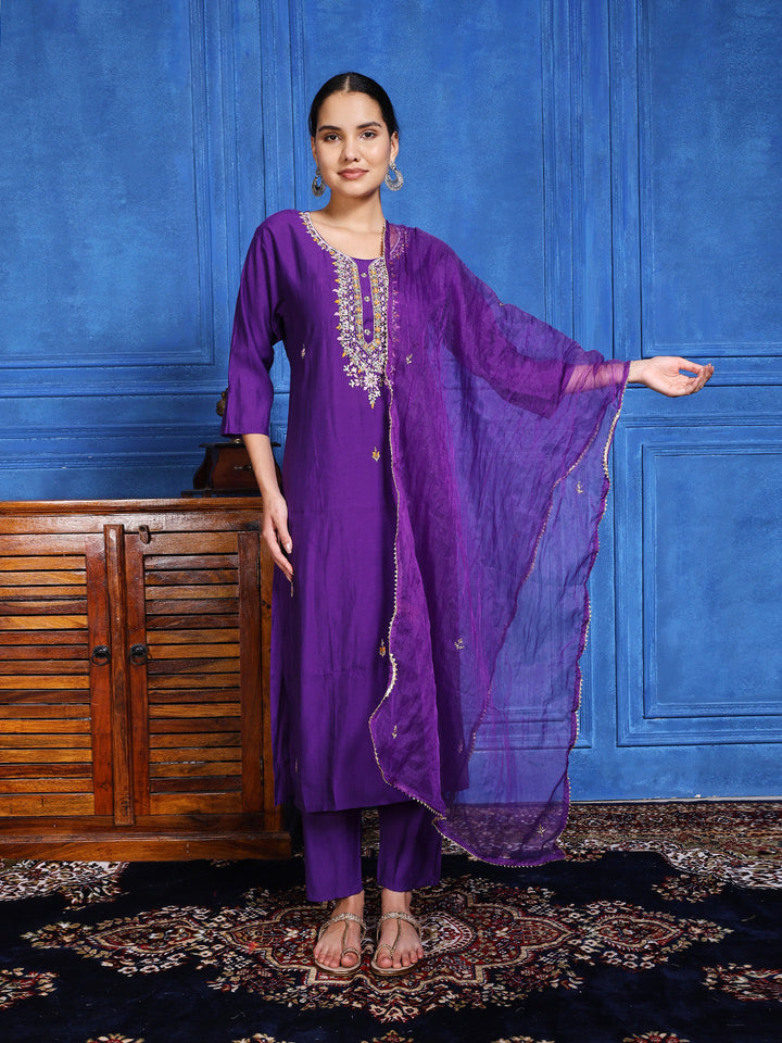 Printed Cotton Blend Kurta With Pants &amp; Dupatta