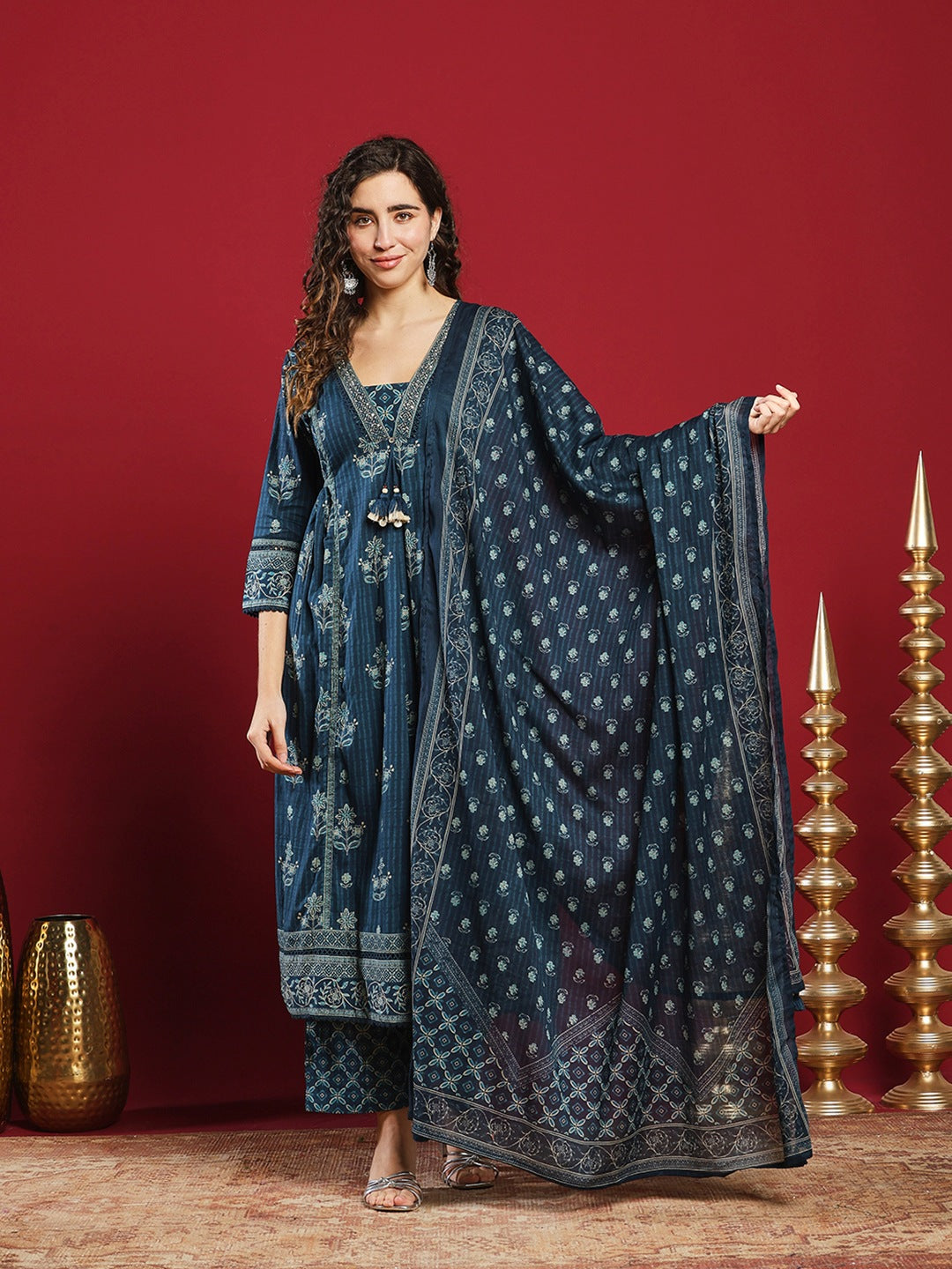 Blue Cotton Blend Printed Straight Suit Set