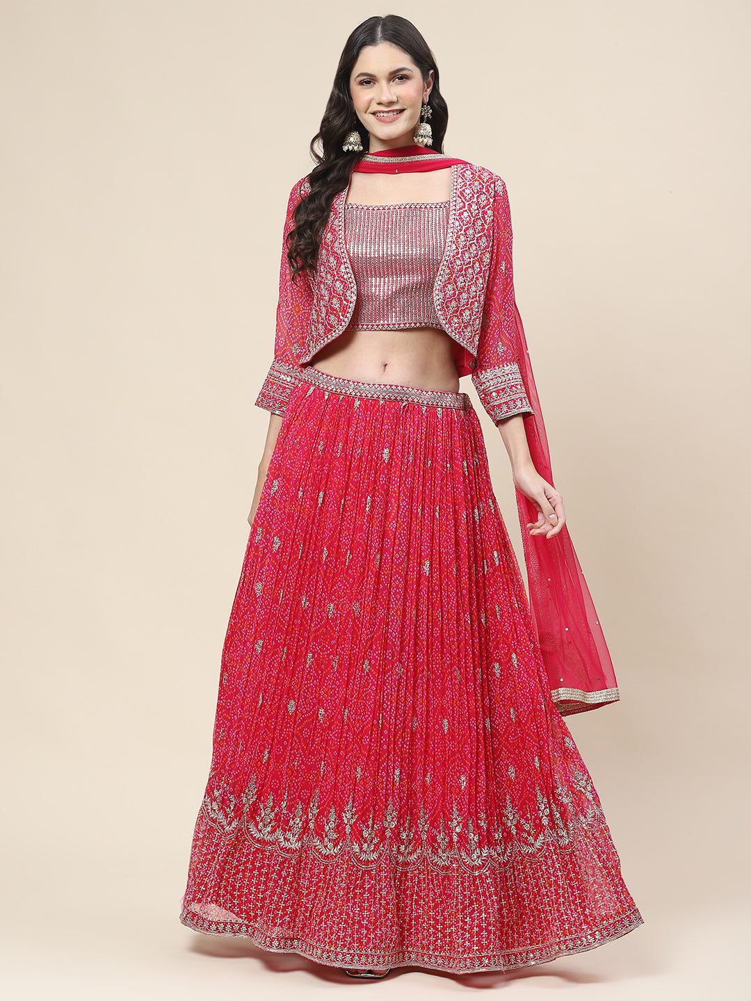 Bandhani Print Georgette Choli With Jacket, Choli &amp; Dupatta