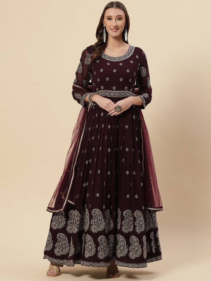 Resham Zari Embroidered Georgette Anarkali Kurta With Churidar &amp; Dupatta
