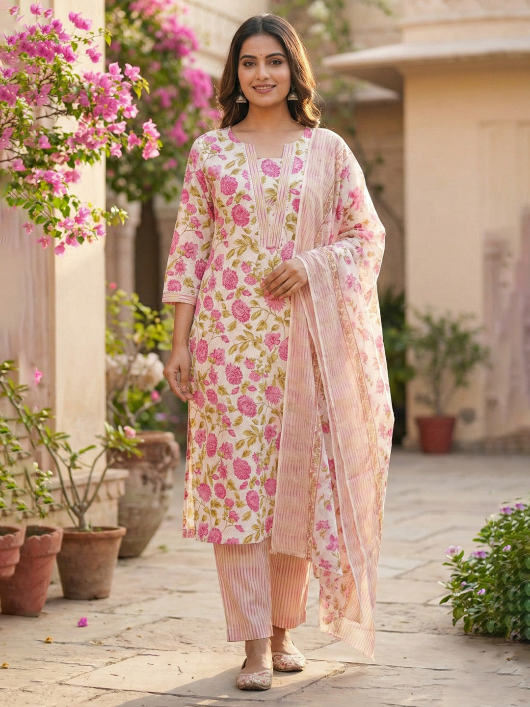 Printed Cotton Blend Kurta With Pant &amp; Dupatta