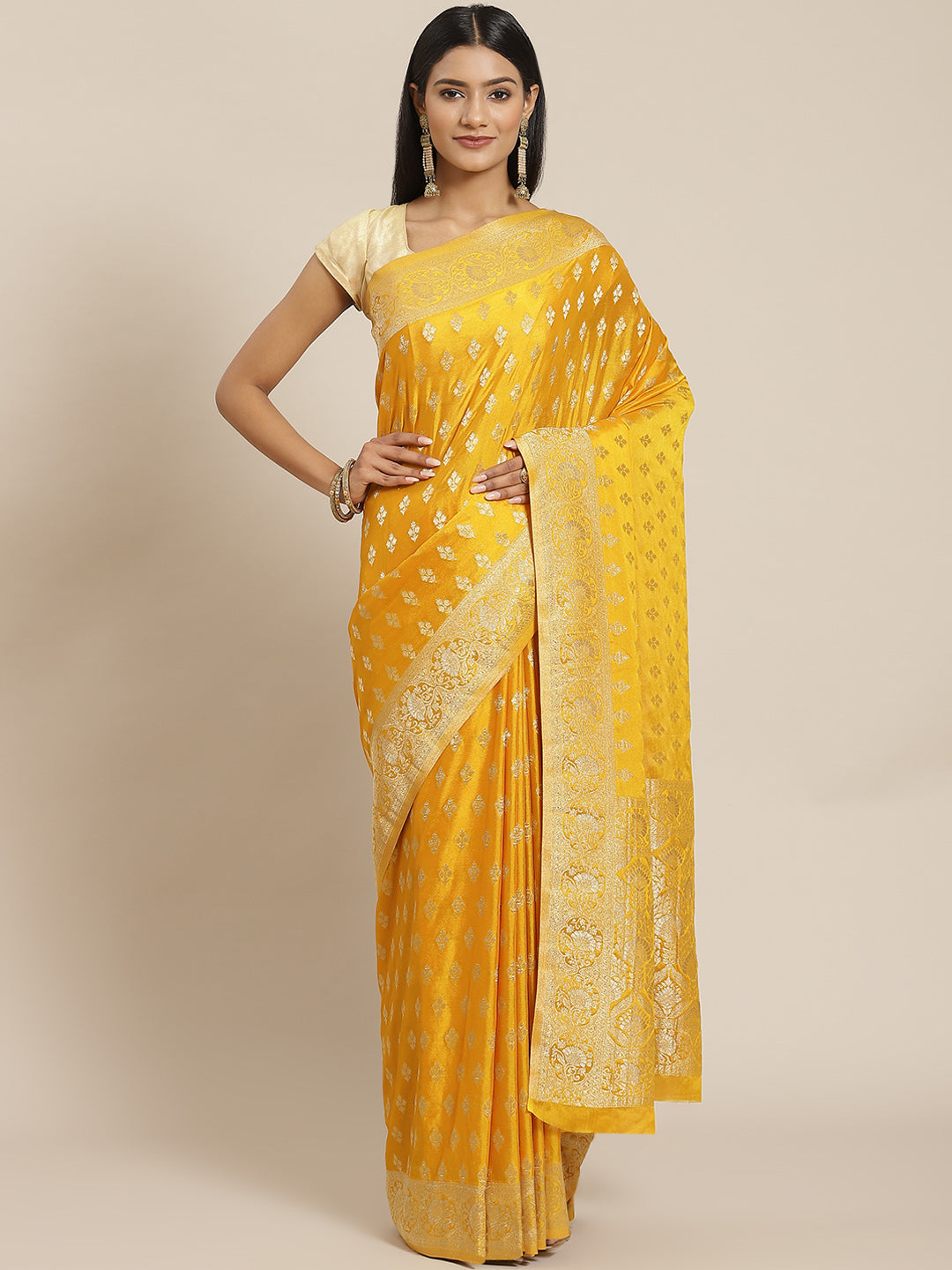 Zari Border Booti Crepe Woven Saree