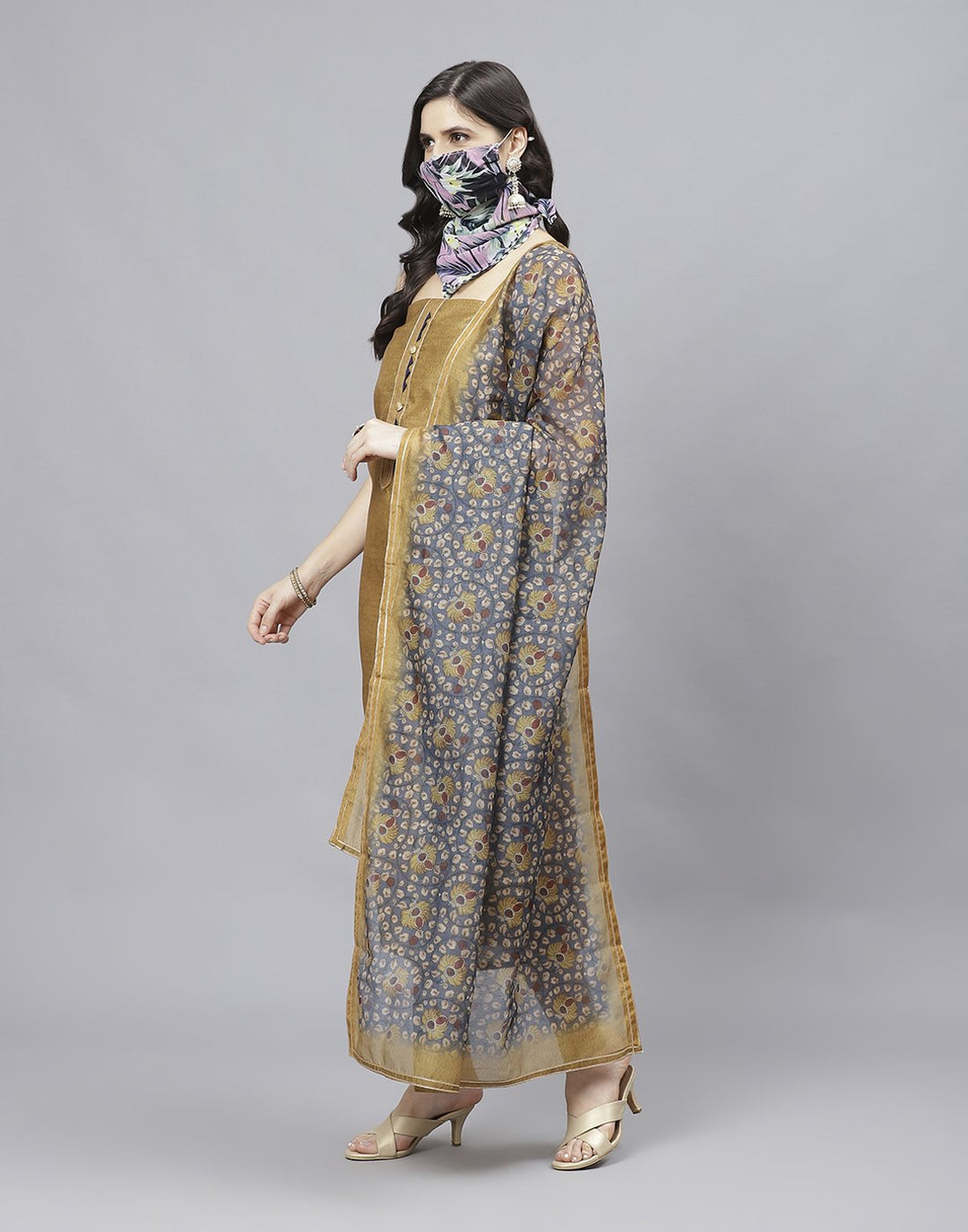 Embroidered Chanderi Suit Piece With Printed Chanderi Dupatta And Scarf