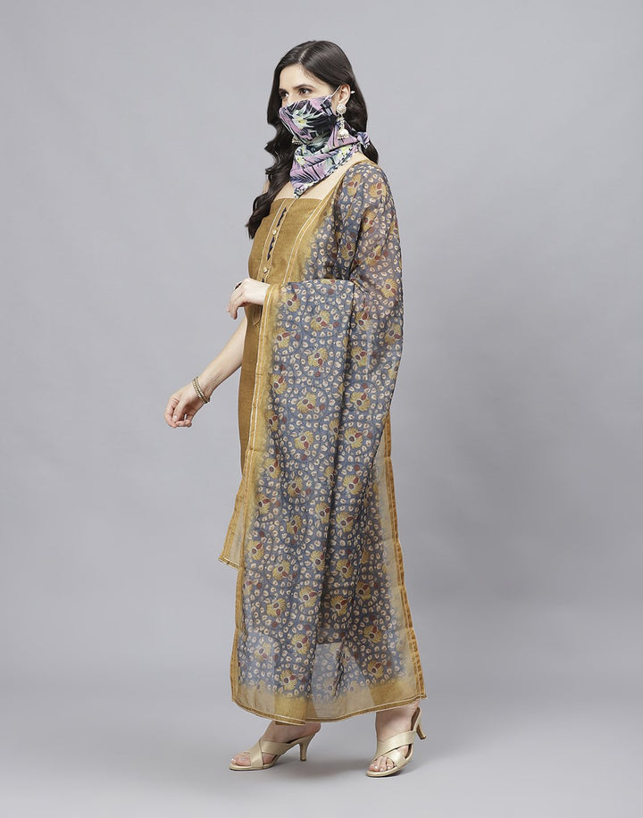 Embroidered Chanderi Suit Piece With Printed Chanderi Dupatta And Scarf