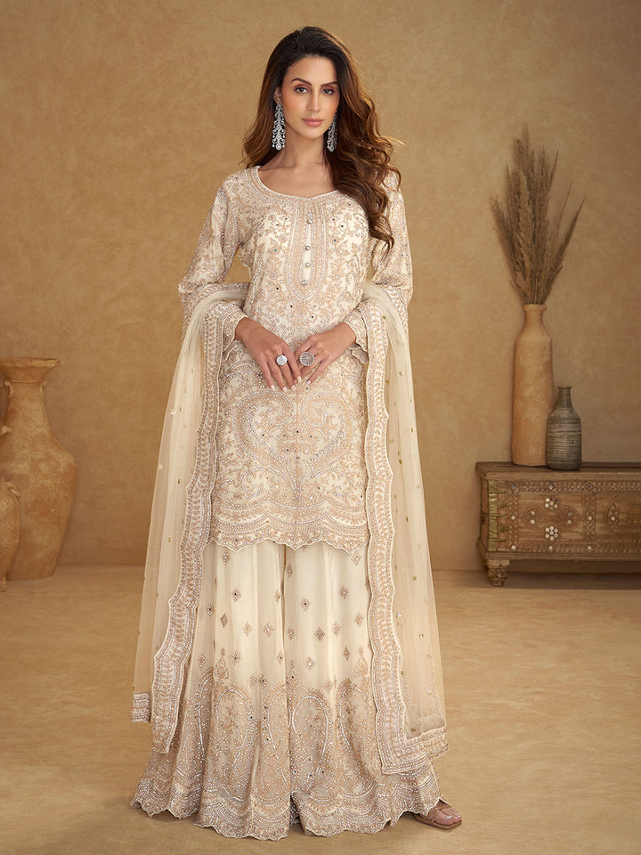 Embroidered Net Kurta With Plazzo &amp; Dupatta