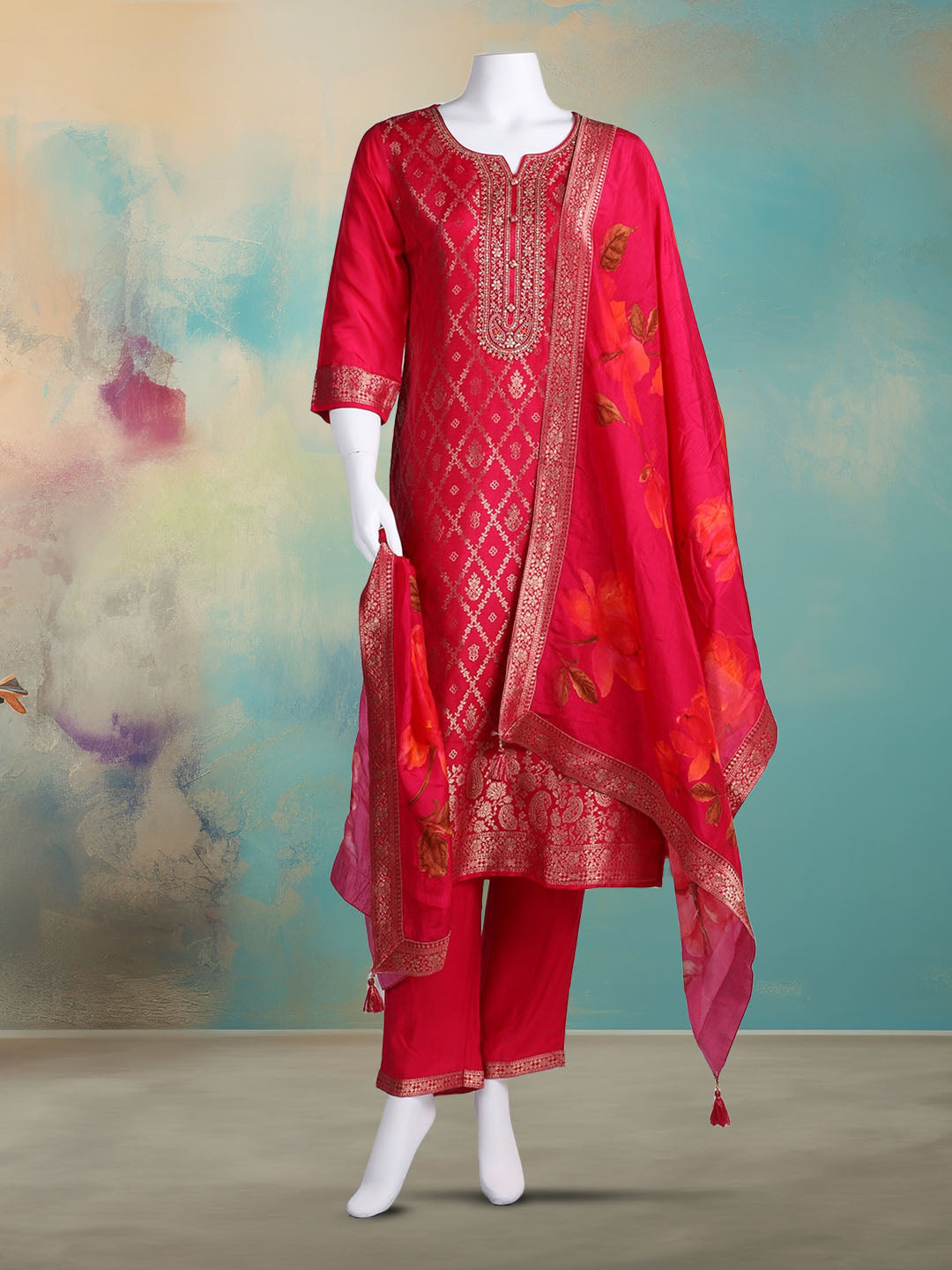 Embroidered Banarasi Kurta With Pant &amp; Dupatta
