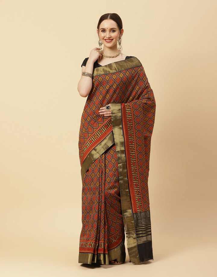 Printed Art Handloom Dupion Zari Booti Border Saree