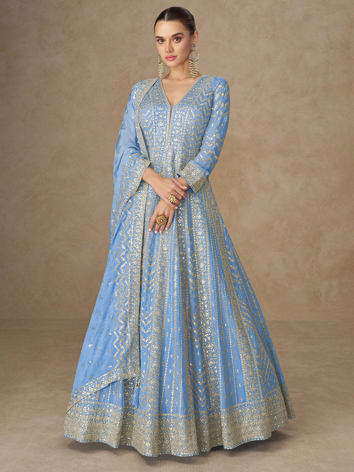 Embroidered Chinon Suit With Pant &amp; Dupatta