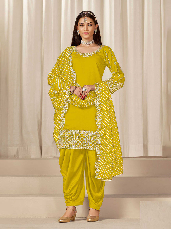 Embroidered Art Silk Semi Stitched Kurta With Skirt &amp; Dupatta