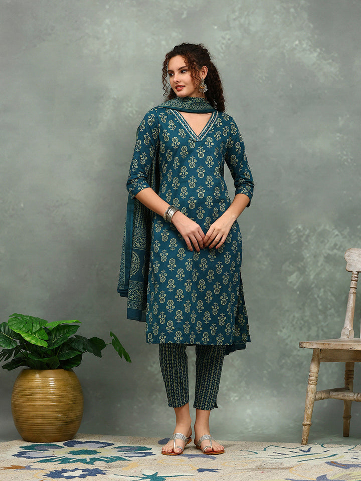 Printed Cotton Blend Kurta With Pants &amp; Dupatta