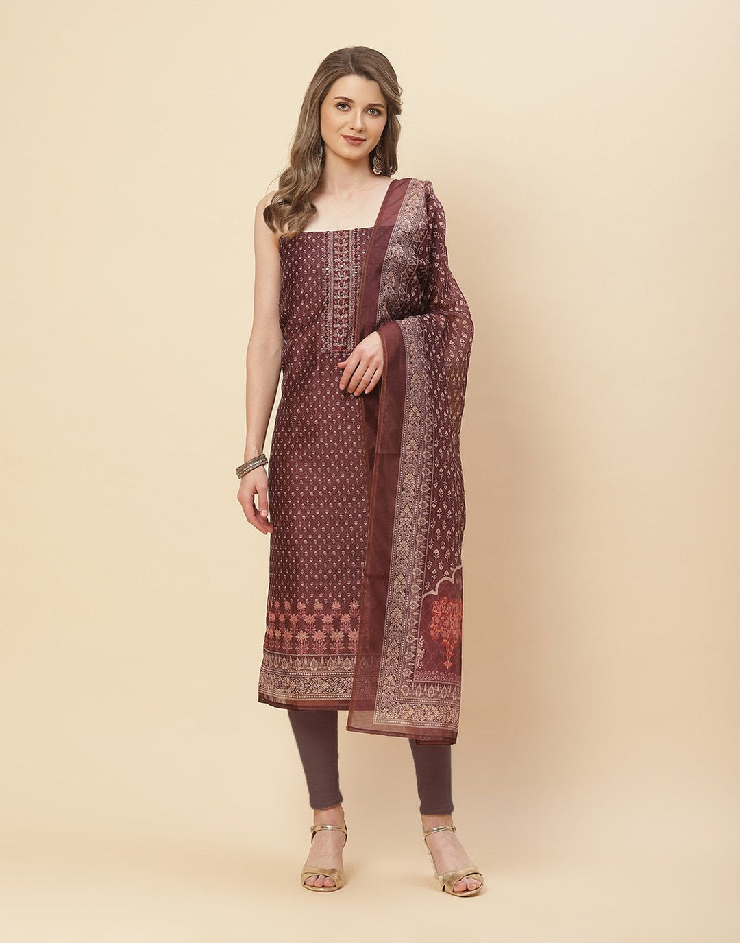 Patch Neck Work Printed Chanderi Suit Piece With Chanderi Printed Dupatta