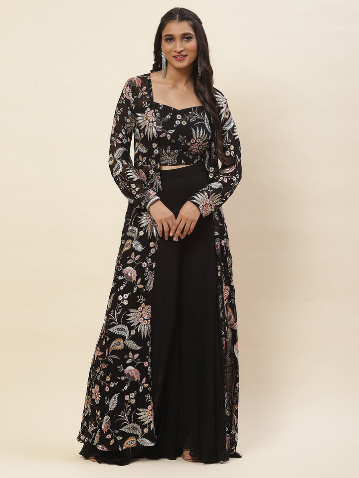 Sequence Embroidered Georgette Crop Top With Palazzo &amp; Jacket