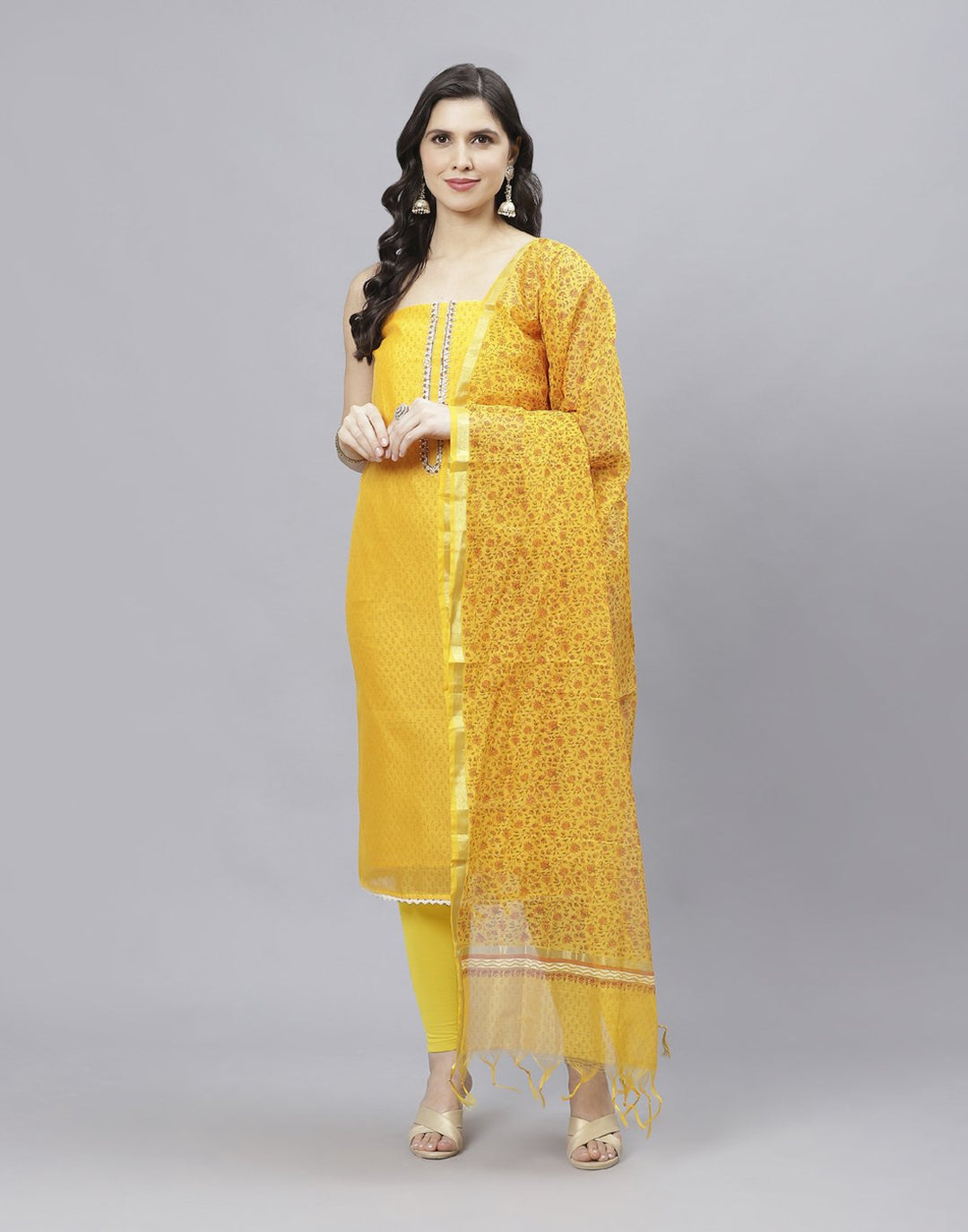 Printed Chanderi Suit Piece With Dupatta