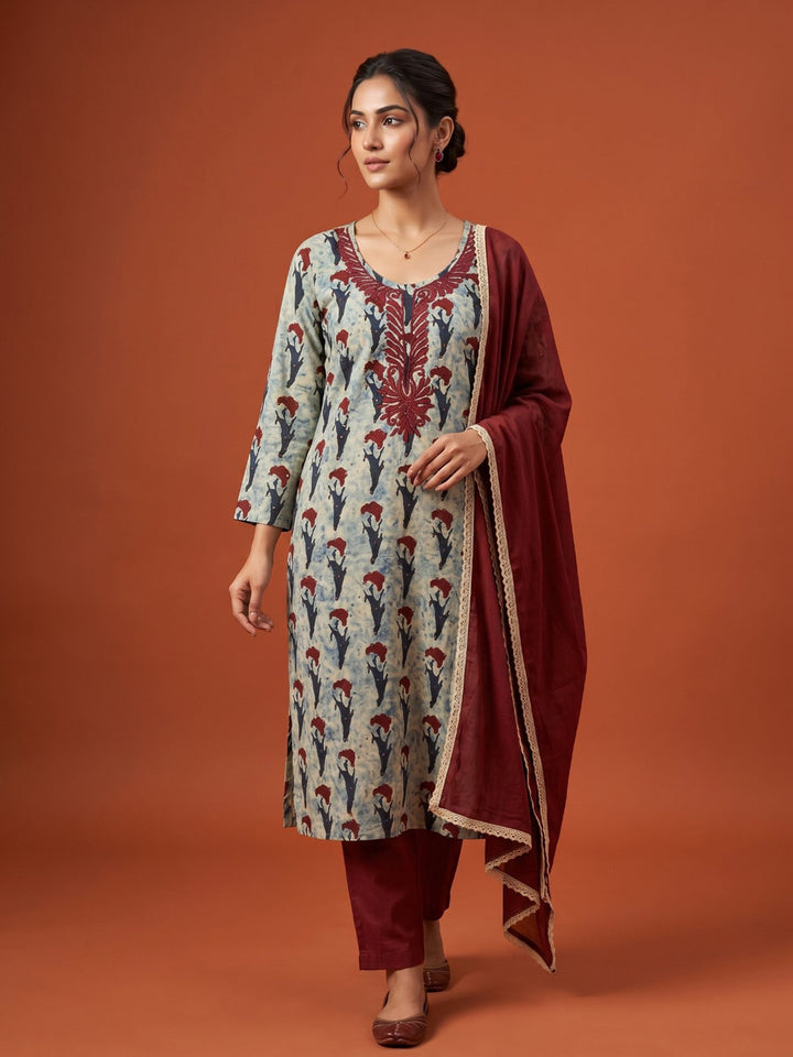 Maroon Embroidered Cotton Blend Straight Round Neck Suit Set