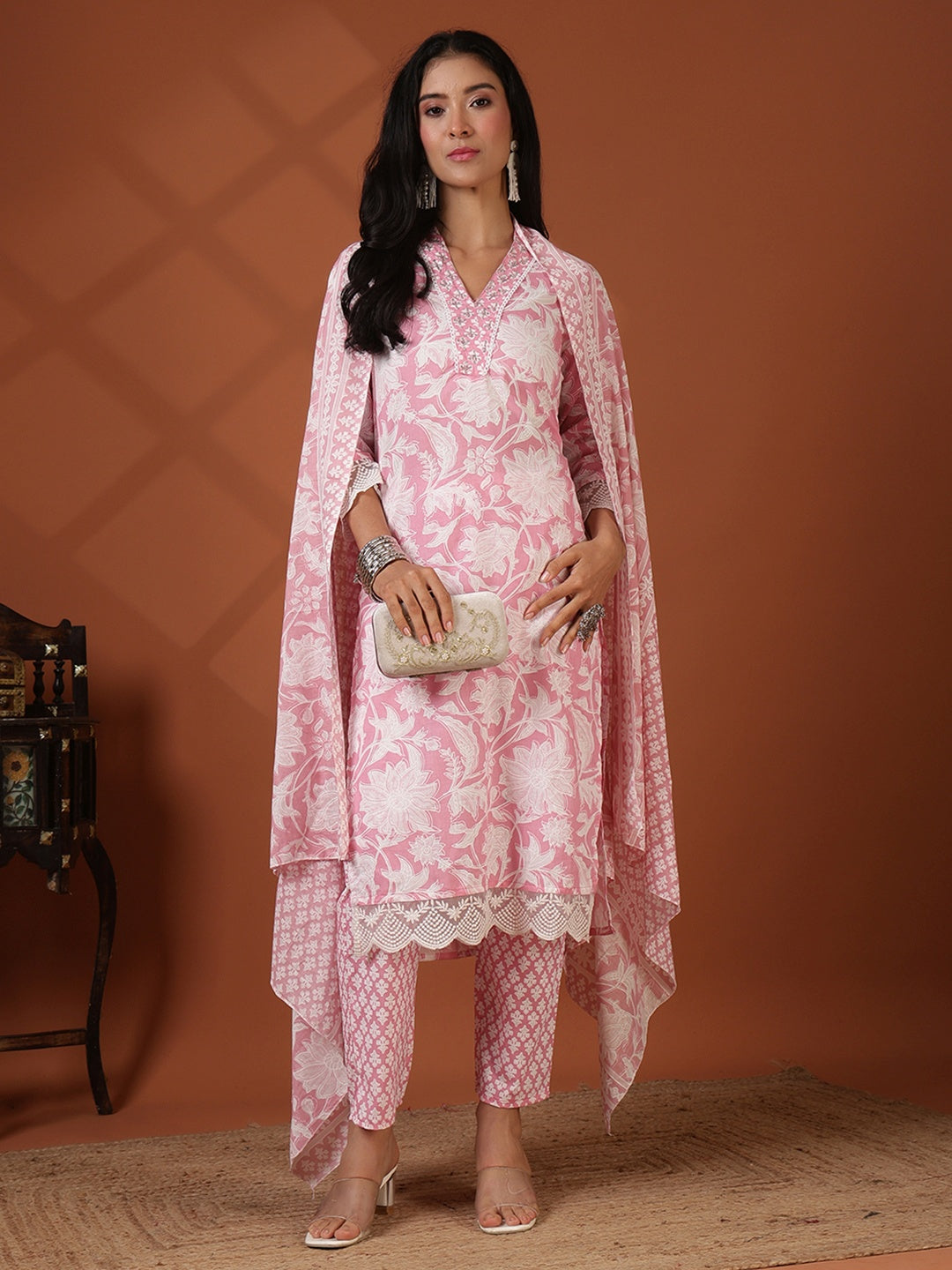 Printed Cotton Blend Kurta With Pant &amp; Dupatta
