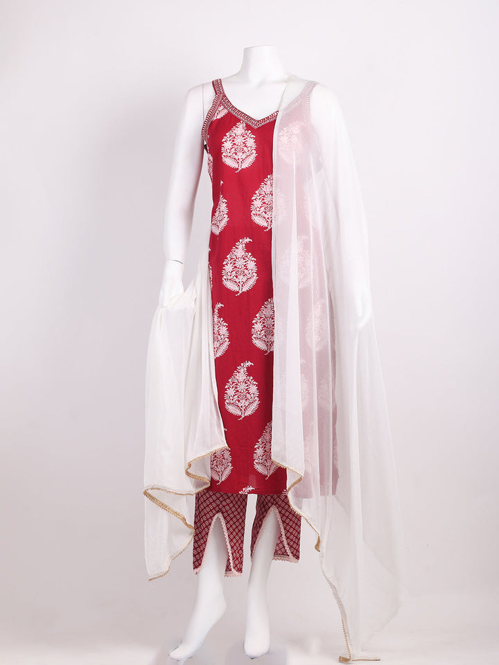 Printed Cotton Kurta With Pants &amp; Dupatta