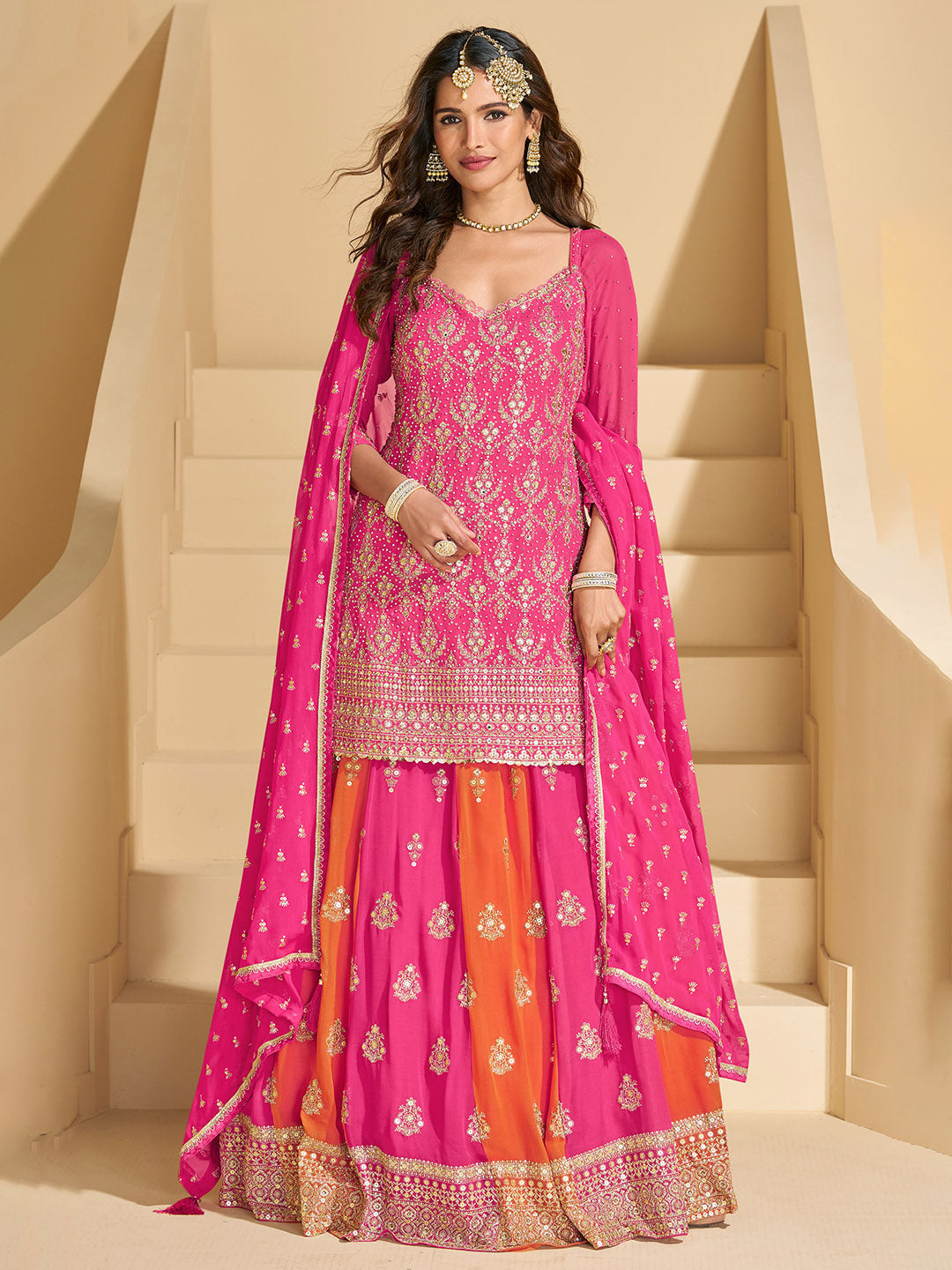 Embroidered Georgette Kurti With Skirt &amp; Dupatta
