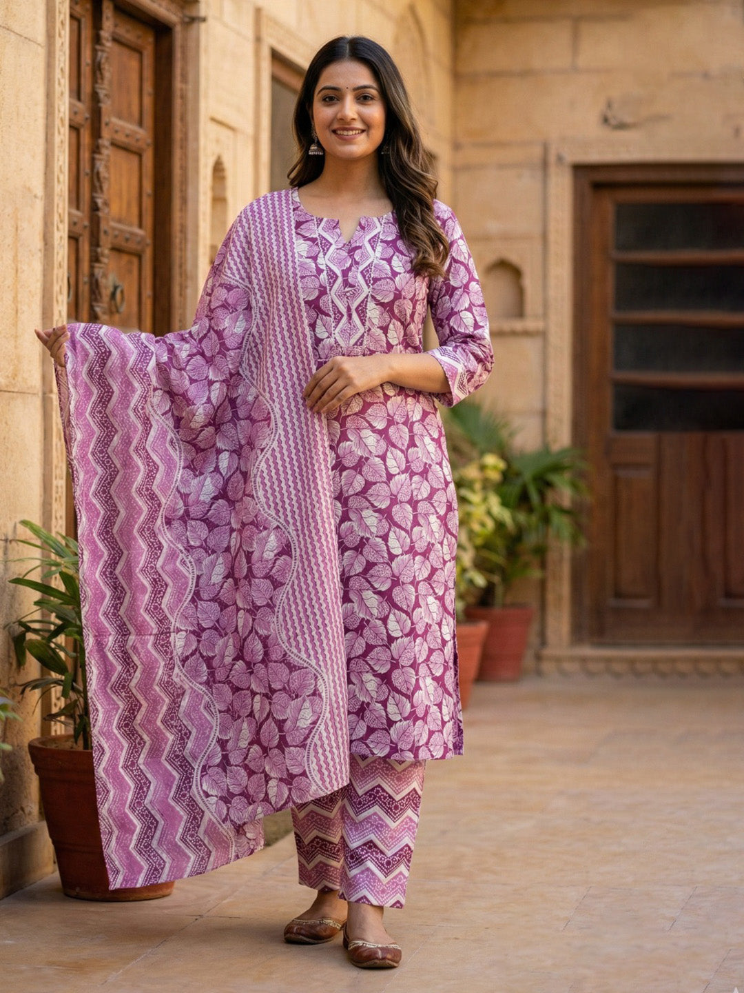 Printed Cotton Blend Kurta With Pant &amp; Dupatta