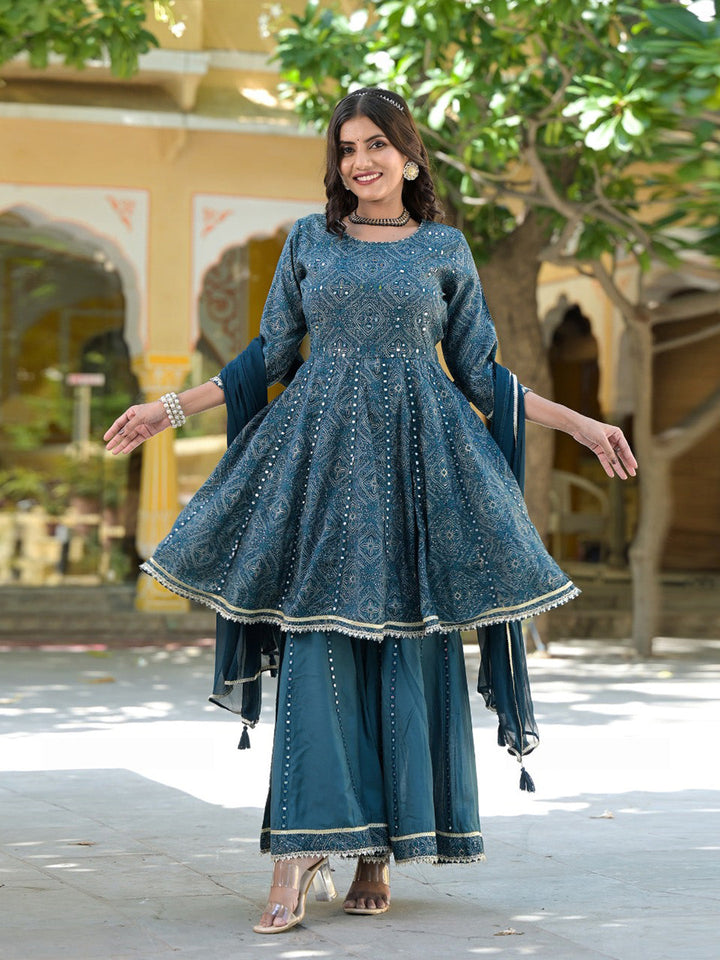 Bandhej Printed Cotton Kurta With Garara &amp; Dupatta