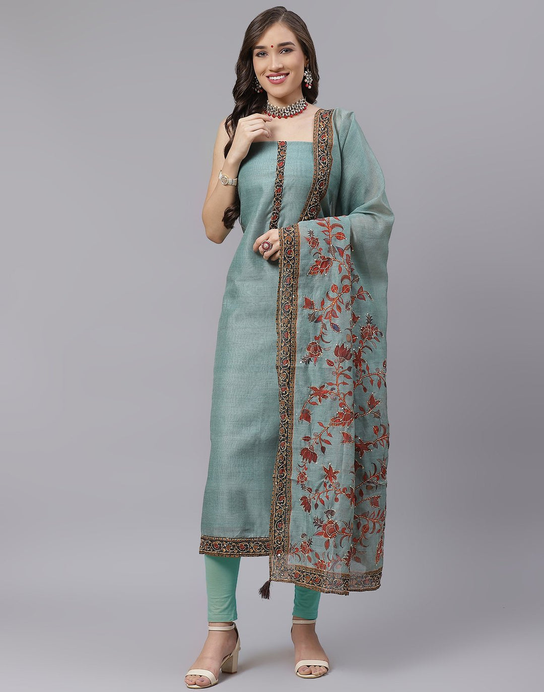 Chanderi Embroidered Suit Piece with fancy dupatta