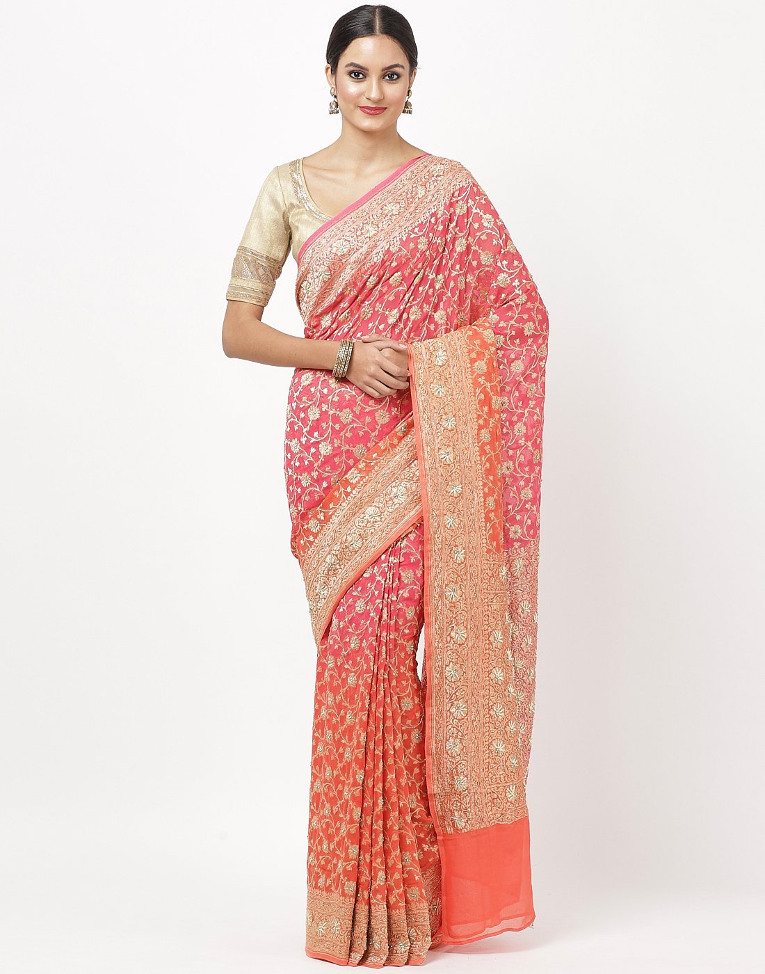 Orange Pink Banarasi Khaddi Saree