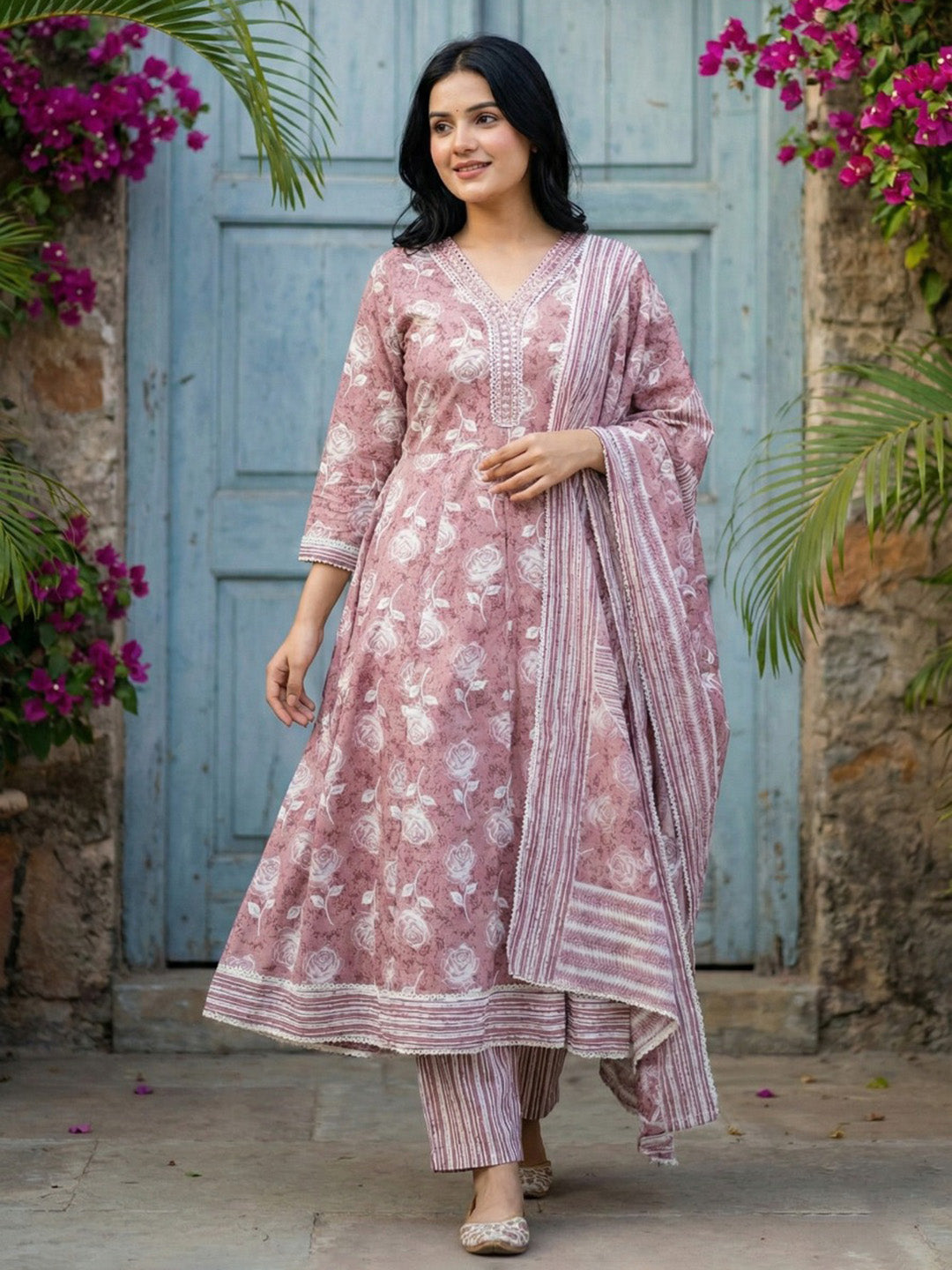 Printed Cotton Blend Kurta With Pant &amp; Dupatta