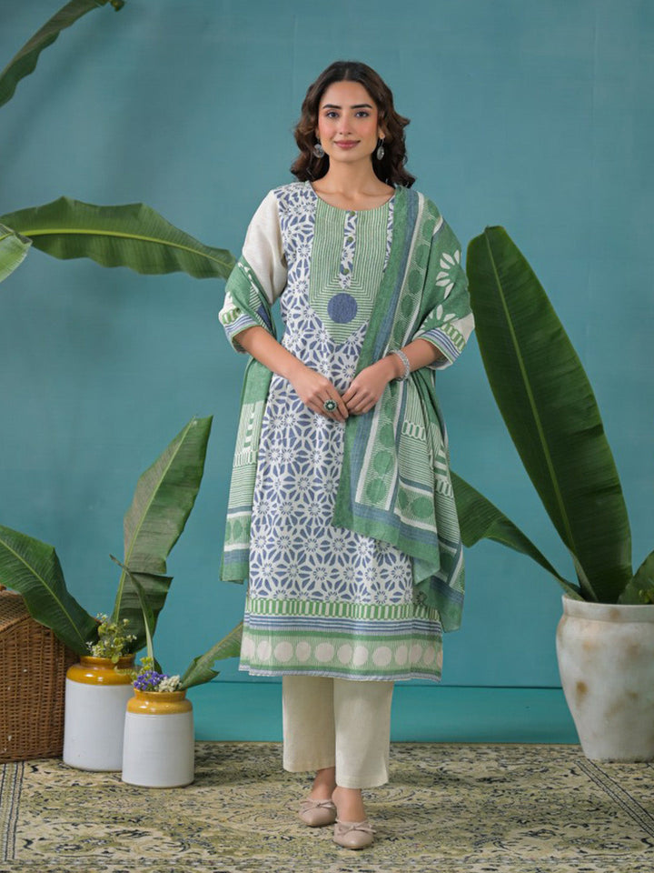 Cream Cotton Blend Printed Straight Suit Set