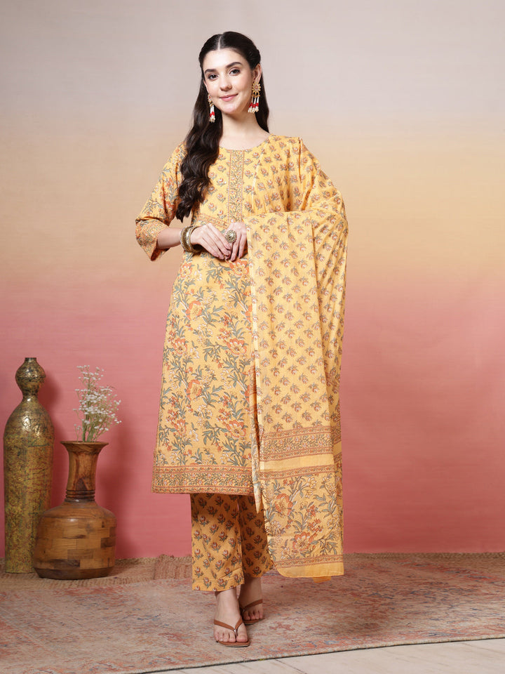 Embroidered Cotton Kurta With Pant &amp; Dupatta