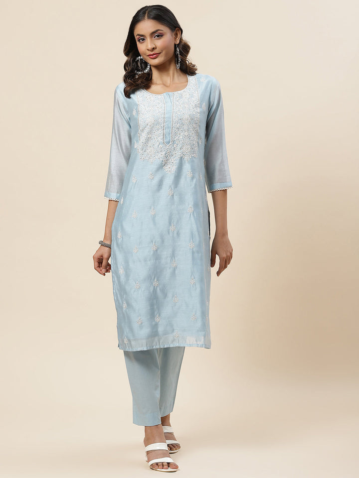 Embroidered Chanderi Kurta With Pants