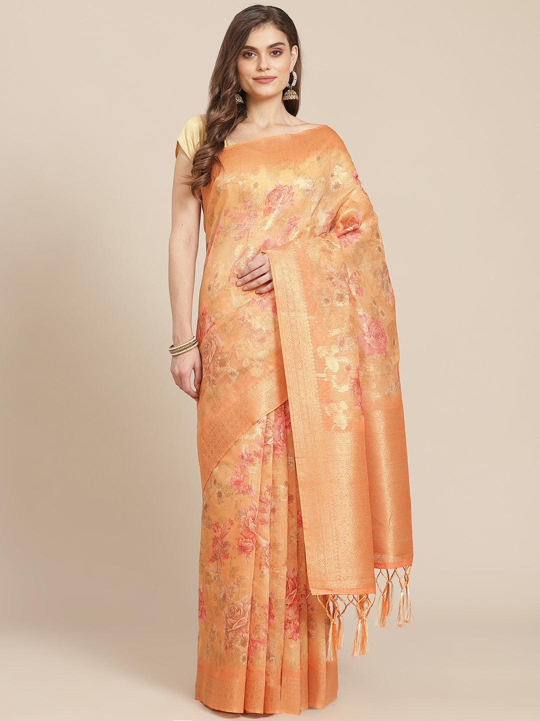 Digital Floral Printed Banarasi Pallu Cotton Chanderi Saree