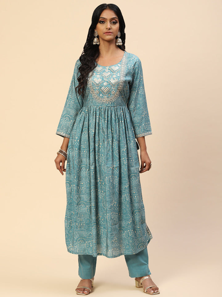 Embroidered Mirror Neck Printed Muslin Kurta With Pants