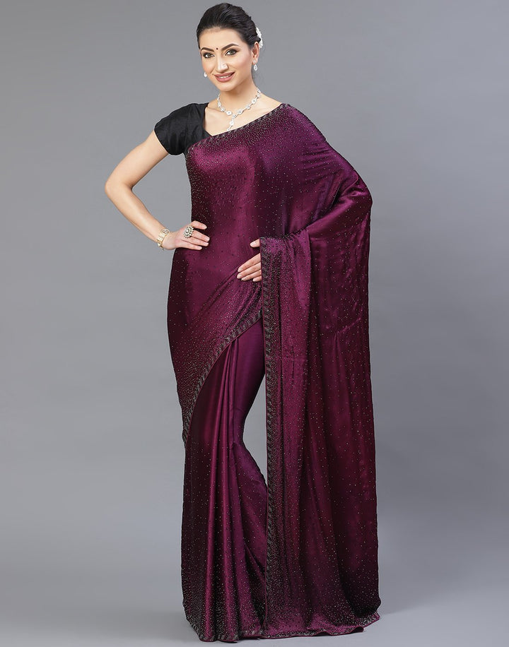 Crepe Embroidery Wine Saree